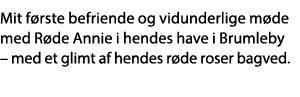 Mit første befriende og vidunderlige møde med Røde Annie i hendes have i Brumleby   med et glimt af hendes røde roser   