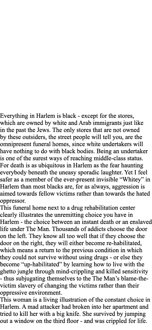 Everything in Harlem is black - except for the stores, which are owned by white and Arab immigrants just like in the    