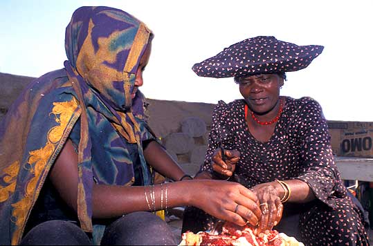 Herero mother and daughter selling meat
