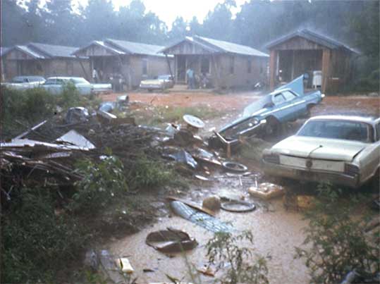 Shotgun shacks in rain