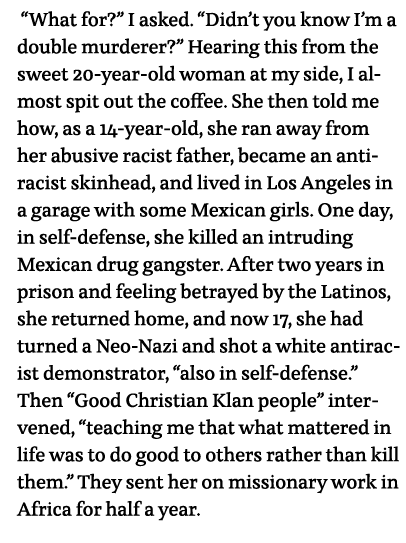   What for   I asked   Didn t you know I m a double murderer   Hearing this from the sweet 20-year-old woman at my si   