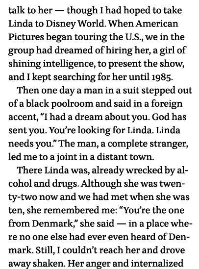 talk to her — though I had hoped to take Linda to Disney World  When American Pictures began touring the U S , we in    