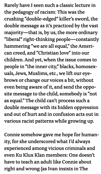 Rarely have I seen such a classic lecture in the pedagogy of racism: This was the crushing  double-edged  killer s sw   