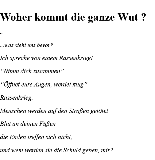  Woher kommt die ganze Wut          was steht uns bevor  Ich spreche von einem Rassenkrieg   Nimm dich zusammen   Öff   