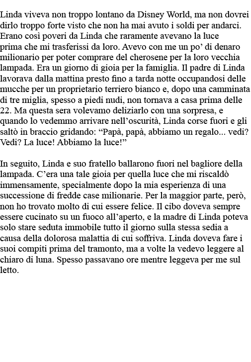 Linda viveva non troppo lontano da Disney World, ma non dovrei dirlo troppo forte visto che non ha mai avuto i soldi    