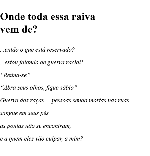  Onde toda essa raiva vem de     então o que está reservado     estou falando de guerra racial   Reúna-se   Abra seus   